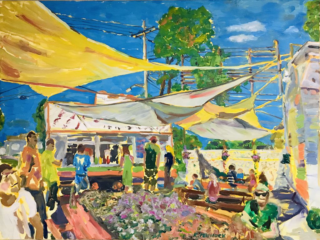 Oil painting of El Oasis food truck with sun canopies
