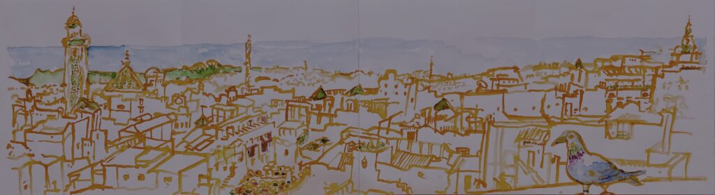 Watercolor sketch of rooftops in Fes, Morocco